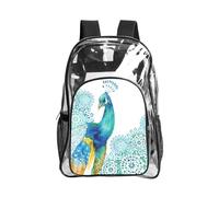 JIUTY Beautiful Peacock And Floral Print Clear Security Backpack Pvc School Bookbag Travel Front Pocket Side Mesh Modern Utility