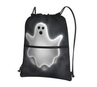 JIUTY Black and Halloween Ghost Print Zipper Closure Backpack, Drawstring Shoulder Bag, Compact Light for Workout and Sessions