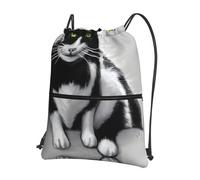 JIUTY Black and White Cats Print Zipper Closure Backpack, Drawstring Shoulder Bag, Compact Light for Workout and Sessions
