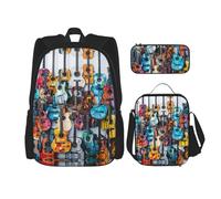 JIUTY Color Acoustic and Guitars 3pcs Backpack 16" School Bookbag with Lunch Box Large Backpacks for Elementary Preschool