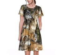 JIUTY Different Colored Wolves Women's Summer Casual T-Shirt Dress for Picnic, Vacation Short Sleeve Swing Dresses S-3xl Black