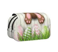 JIUTY Easter Bunny Wooden Hole Printing Large Capacity Pen Pencil Case,Kids Stationery Bag with Double Layers for School,Office,College