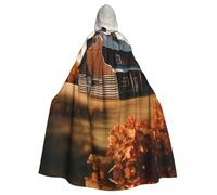 JIUTY Fall Country Barn Printing Masquerade,Adult Economic Hooded Cloak 57.8 Inches Long, Perfect For Halloween Parties,Dances