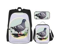 JIUTY Grey Pigeon Print 3pcs Backpack 16" School Bookbag with Lunch Box Large Backpacks for Elementary Preschool