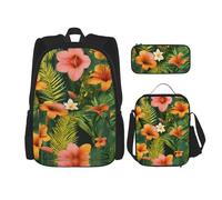 JIUTY Hojas Tropicales Y Flores 3pcs Backpack 16" School Bookbag with Lunch Box Large Backpacks for Elementary Preschool