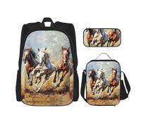 JIUTY Horses Running Art 3pcs Backpack 16" School Bookbag with Lunch Box Large Backpacks for Elementary Preschool