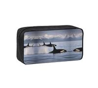 JIUTY Killer Whales Swim Along Printed Stationery Organizer Large Pencil Bag Smooth Zip Polyester Pouch for Teens School Work Trips