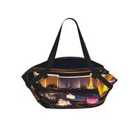 JIUTY Las Vegas night view 37'' Convertible Round Picnic Blanket Bag, 2-in-1 Portable Printed Camping Mat with Shoulder Straps