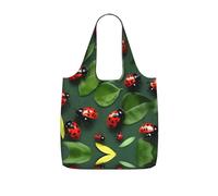 JIUTY Leaves And Ladybug Print Foldaway Reusable Shopping Carrier 25l Polyester Tote Grocery Travel Weekend Bag Gift Pick