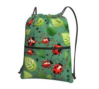 JIUTY Leaves and Ladybugs Print Zipper Closure Backpack, Drawstring Shoulder Bag, Compact Light for Workout and Sessions