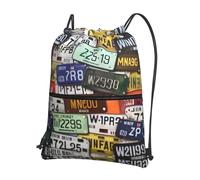 JIUTY License Plate Print Zipper Closure Backpack, Drawstring Shoulder Bag, Compact Light for Workout and Sessions