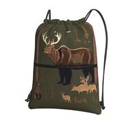 JIUTY Lodge Bear Deer Print Zipper Closure Backpack, Drawstring Shoulder Bag, Compact Light for Workout and Sessions