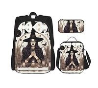 JIUTY Magic Witch Witchcraft Bohemian Drawing 3pcs Backpack 16" School Bookbag with Lunch Box Large Backpacks for Elementary Preschool