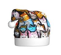 JIUTY Many Cartoon Cats Printing Unisex Santa Hat For Christmas Headwear Thicken Xmas Hats Stage Halloween Community