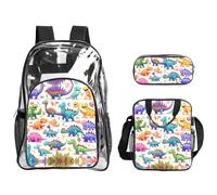 JIUTY Many Colorful Cartoon Dinosaurs Printed Backpack Set 3 In 1 Clear Bag Set For School Work Stadium Events And Daily Carry