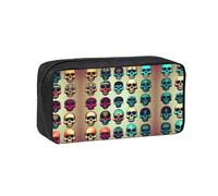 JIUTY Many Cool Retro Skull Head Graphics Printed Stationery Organizer Large Pencil Bag Smooth Zip Polyester Pouch for Teens School Work Trips