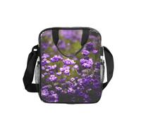 JIUTY Many Purple Flowers Print Clear Lunch Sack See Through PVC Bag with Crossbody Strap Top Handles Clean Utility