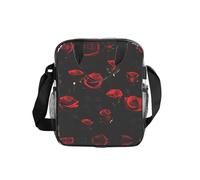 JIUTY Many Red Rose Black Background Print Clear Lunch Sack See Through PVC Bag with Crossbody Strap Top Handles Clean Utility