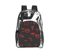 JIUTY Many Red Rose Black Background Print Clear Security Backpack Pvc School Bookbag Travel Front Pocket Side Mesh Modern Utility