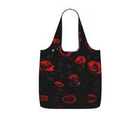 JIUTY Many Red Rose Black Background Print Foldaway Reusable Shopping Carrier 25l Polyester Tote Grocery Travel Weekend Bag Gift Pick