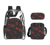 JIUTY Many Red Rose Black Background Printed Backpack Set 3 In 1 Clear Bag Set For School Work Stadium Events And Daily Carry