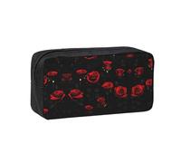 JIUTY Many Red Rose Black Background Printed Stationery Organizer Large Pencil Bag Smooth Zip Polyester Pouch for Teens School Work Trips