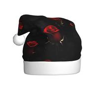 JIUTY Many Red Rose Black Background Printing Unisex Santa Hat For Christmas Headwear Thicken Xmas Hats Stage Halloween Community