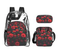 JIUTY Many Red Rose Print Printed Backpack Set 3 In 1 Clear Bag Set For School Work Stadium Events And Daily Carry
