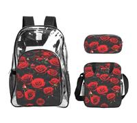 JIUTY Many Red Rose Printed Backpack Set 3 In 1 Clear Bag Set For School Work Stadium Events And Daily Carry