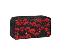 JIUTY Many red Rose Printed Stationery Organizer Large Pencil Bag Smooth Zip Polyester Pouch for Teens School Work Trips