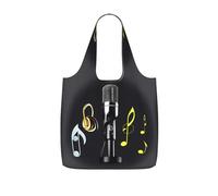 JIUTY Microphone With Music Notes Print Foldaway Reusable Shopping Carrier 25l Polyester Tote Grocery Travel Weekend Bag Gift Pick