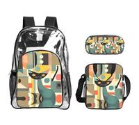 JIUTY Mid-Century Modern Art Cat Printed Backpack Set 3 In 1 Clear Bag Set For School Work Stadium Events And Daily Carry