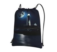 JIUTY Moonlight Lighthouse Print Zipper Closure Backpack, Drawstring Shoulder Bag, Compact Light for Workout and Sessions