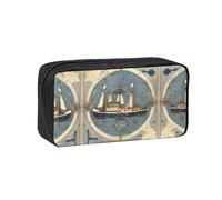 JIUTY Nautical Sailboat Map Print Printed Stationery Organizer Large Pencil Bag Smooth Zip Polyester Pouch for Teens School Work Trips