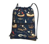 JIUTY Nautical Sailing Pirate Print Zipper Closure Backpack, Drawstring Shoulder Bag, Compact Light for Workout and Sessions