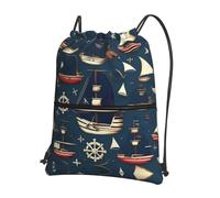 JIUTY Nautical Sailing Pirate Theme Print Zipper Closure Backpack, Drawstring Shoulder Bag, Compact Light for Workout and Sessions