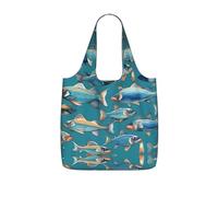 JIUTY Ocean Fishes Print Foldaway Reusable Shopping Carrier 25l Polyester Tote Grocery Travel Weekend Bag Gift Pick