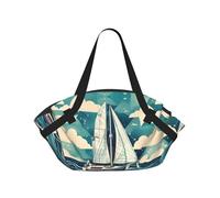 JIUTY Ocean Sailboat 37'' Convertible Round Picnic Blanket Bag, 2-in-1 Portable Printed Camping Mat with Shoulder Straps