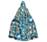 JIUTY Ocean Sea Beach Seashells Starfish Blue Printing Masquerade,Adult Economic Hooded Cloak 57.8 Inches Long, Perfect For Halloween Parties,Dances
