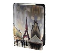 JIUTY Oil Painting Paris Street Scene Eiffel Tower Printing Passport Holder for Women Men,Cowhide Passport Travel Wallet, Travel Document Cover Accessories