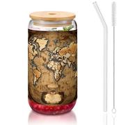 JIUTY Old Stained World Map Printing Drinking Glasses with Lids and Glass Straw,1 Pc 16 Oz Glass Cups,Beer Ice Coffee Glasses