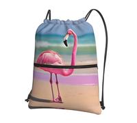 JIUTY One Pink Flamingo on Beach Print Zipper Closure Backpack, Drawstring Shoulder Bag, Compact Light for Workout and Sessions
