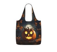 JIUTY Owl Pumpkin Happy Halloween Print Foldaway Reusable Shopping Carrier 25l Polyester Tote Grocery Travel Weekend Bag Gift Pick