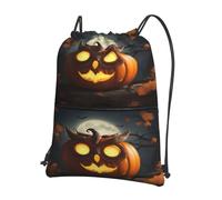 JIUTY Owl Pumpkin Happy Halloween Print Zipper Closure Backpack, Drawstring Shoulder Bag, Compact Light for Workout and Sessions