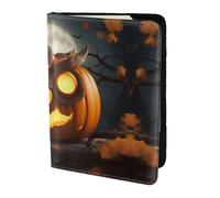 JIUTY Owl Pumpkin Happy Halloween Printing Passport Holder for Women Men,Cowhide Passport Travel Wallet, Travel Document Cover Accessories