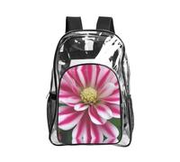 JIUTY Pink And White Flower Print Clear Security Backpack Pvc School Bookbag Travel Front Pocket Side Mesh Modern Utility