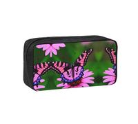 JIUTY Pink Flower Purple Butterfly Printed Stationery Organizer Large Pencil Bag Smooth Zip Polyester Pouch for Teens School Work Trips
