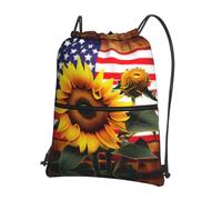 JIUTY Sunflower And American Flag Print Zipper Closure Backpack, Drawstring Shoulder Bag, Compact Light for Workout and Sessions