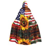 JIUTY Sunflower And American Flag Printing Masquerade,Adult Economic Hooded Cloak 57.8 Inches Long, Perfect For Halloween Parties,Dances
