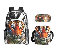JIUTY Tiger Stripes Orange Pattern Printed Backpack Set 3 In 1 Clear Bag Set For School Work Stadium Events And Daily Carry